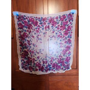 Vintage Floral Scarf Red Pink Gray with Faint White Polka Dots